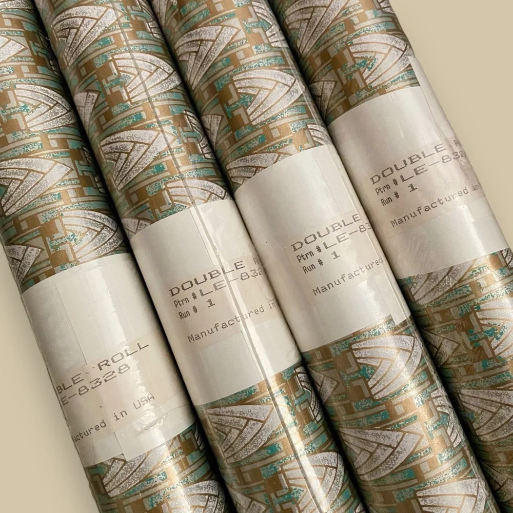 NOS NEW 2 Rolls Wallpaper Art Deco Aqua & Gold DOUBLE ROLLS